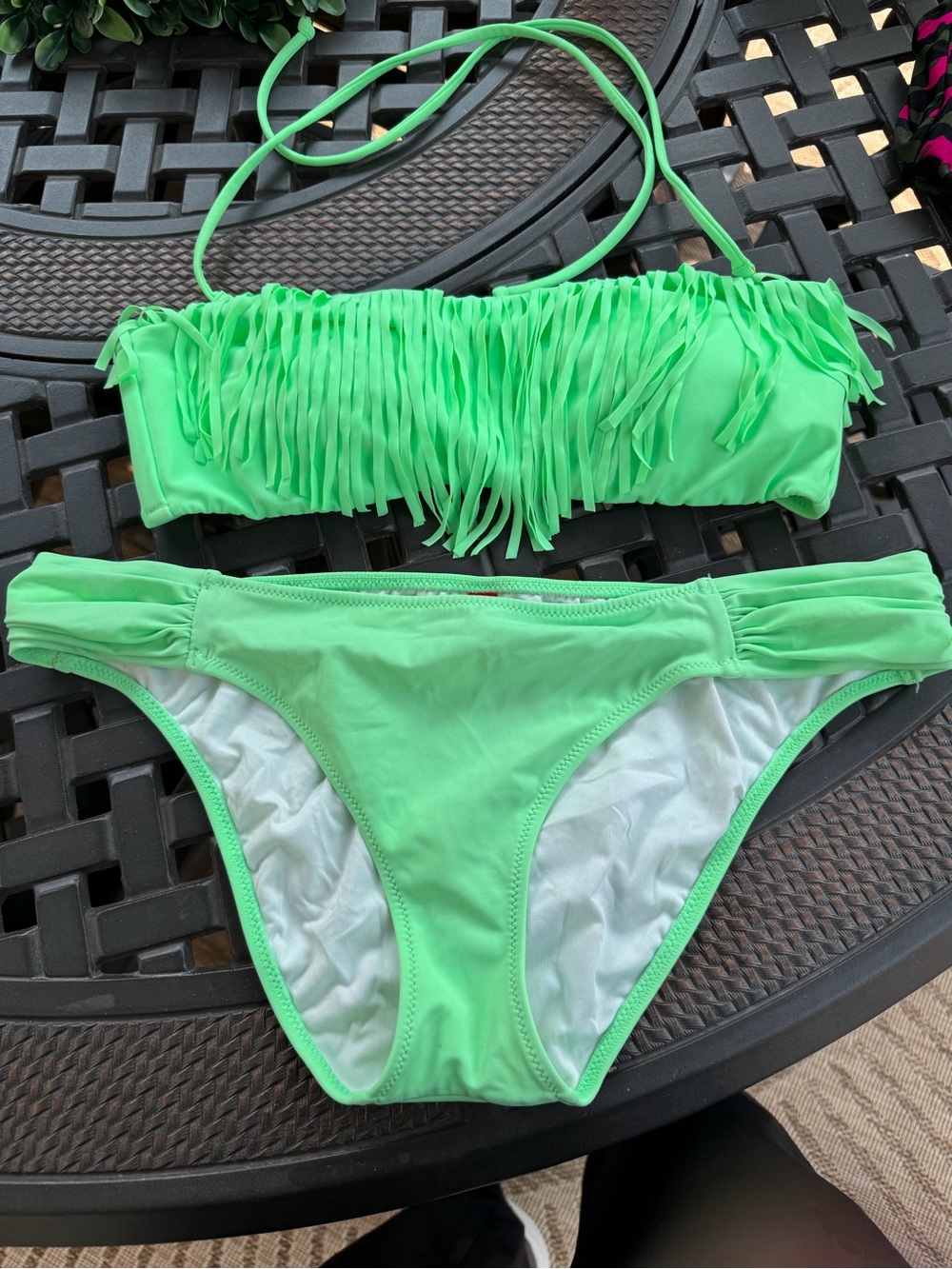 Victoria Secret Neon Green Fringe Bandeau Bikini Set